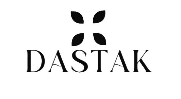 Dastak logo with black text and leaf design on a white background